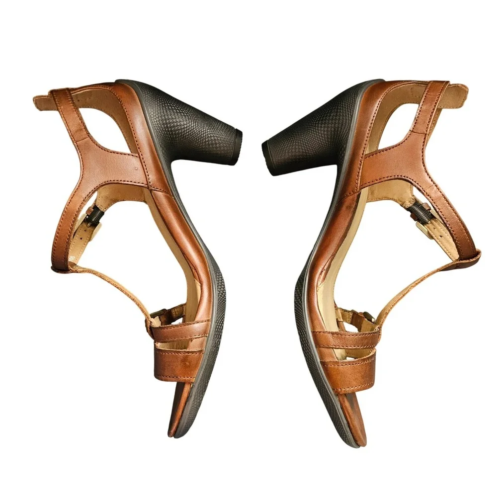 Ecco Women's Sculptured 65 Bar T-Straps Brown Leather Sandals Size 8.5 EU 39